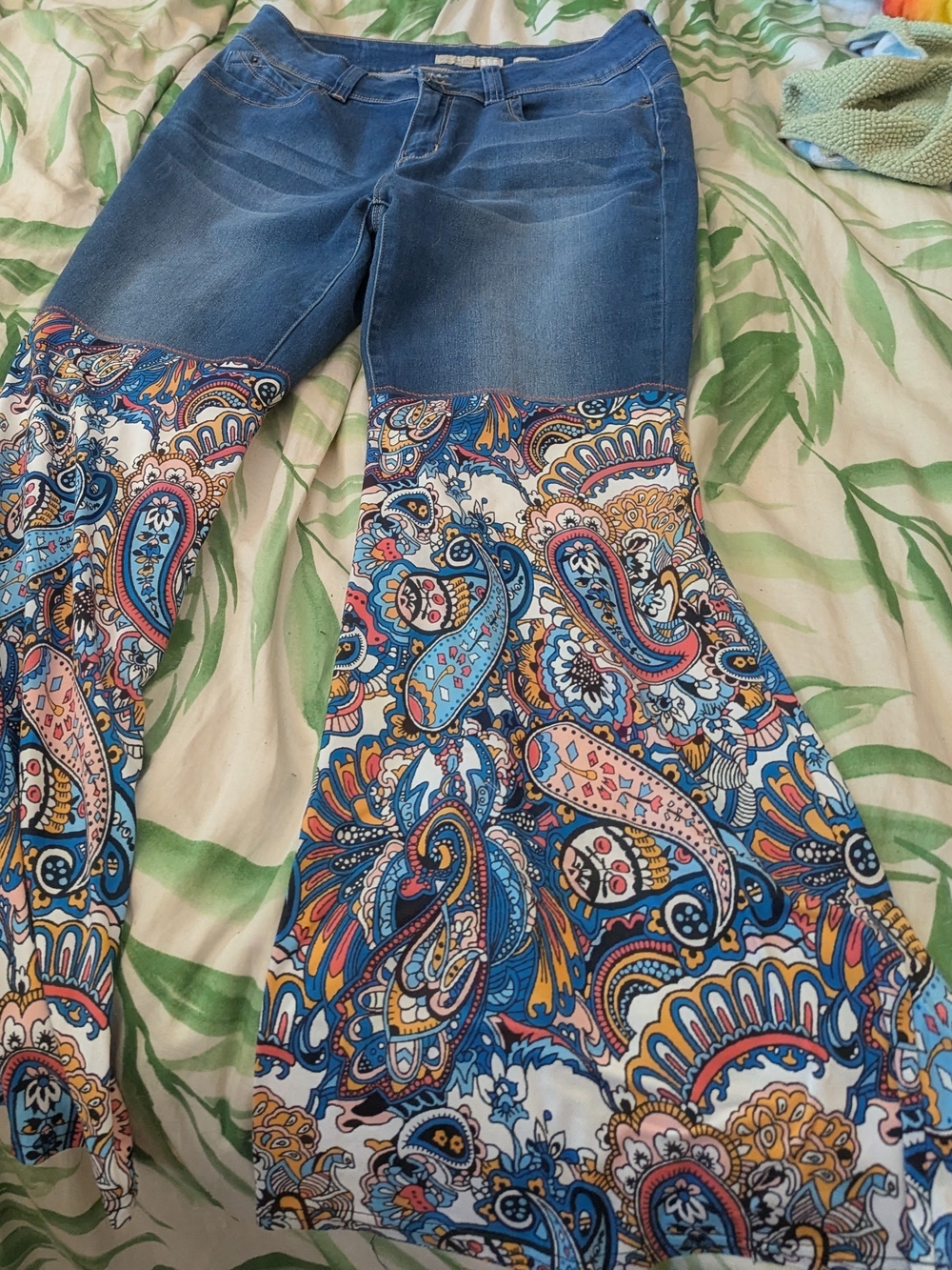 Womens Blue Denim Jeans with Multicolor Paisley Flare